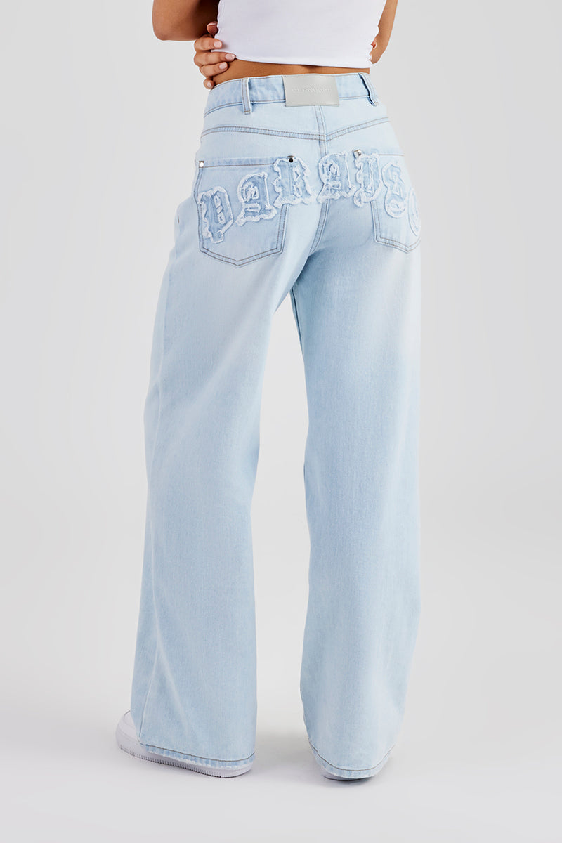 Baggy Paraiso Applique Jeans - Light Blue