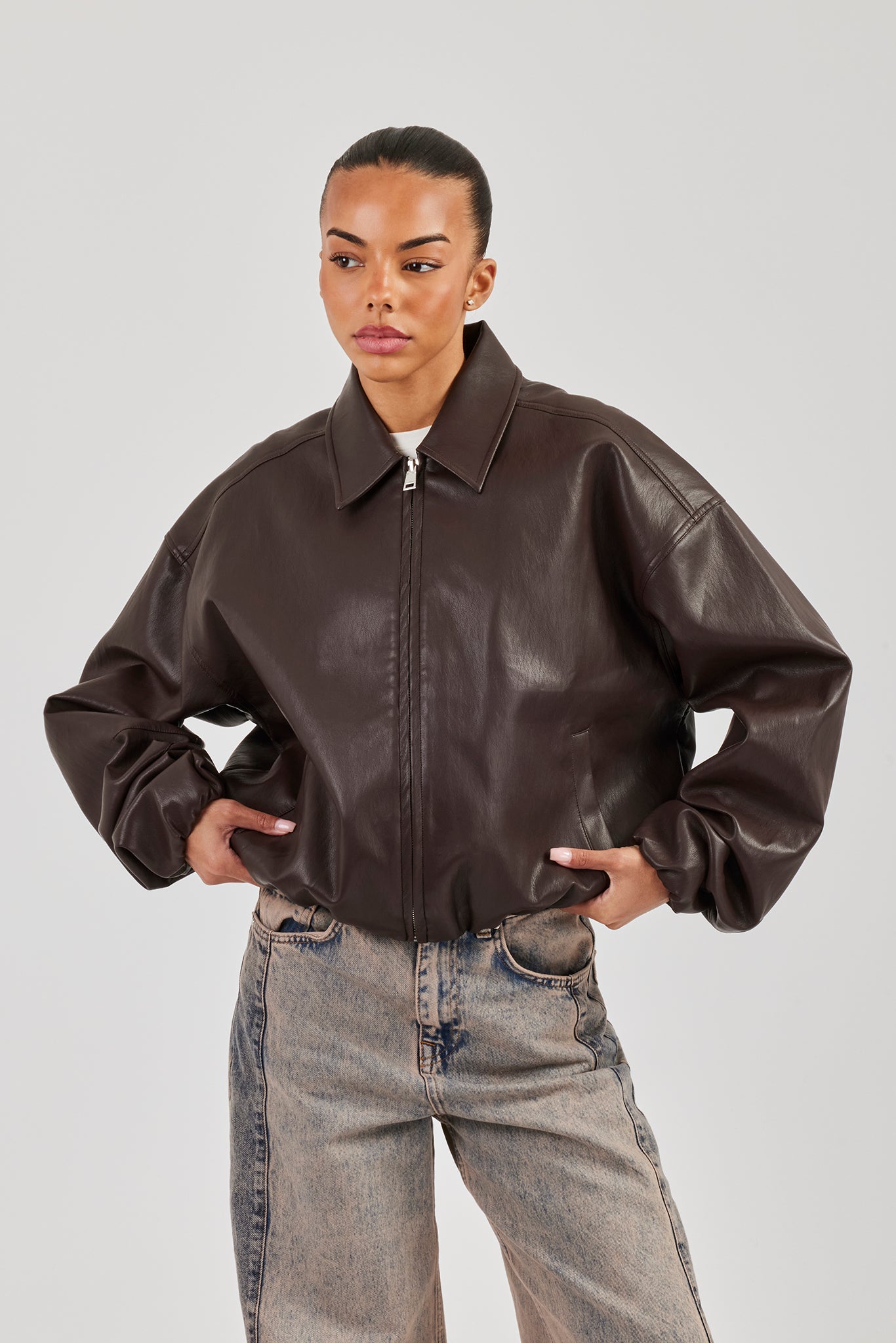 Oversized Collared PU Bomber - Chocolate | Womens Outerwear | Shop