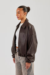 Oversized Collared PU Bomber - Chocolate