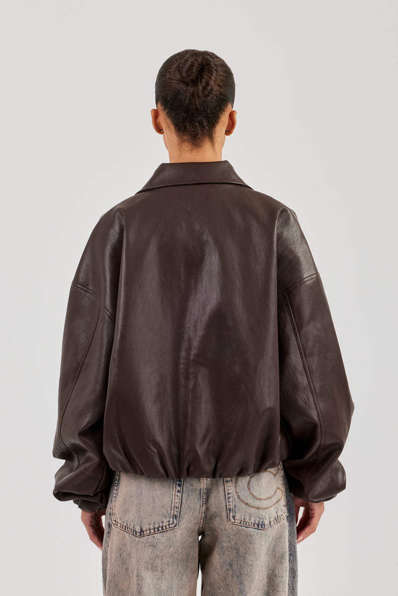 Oversized Collared PU Bomber - Chocolate