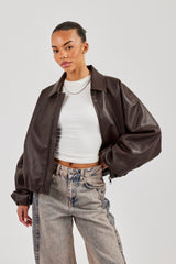 Oversized Collared PU Bomber - Chocolate