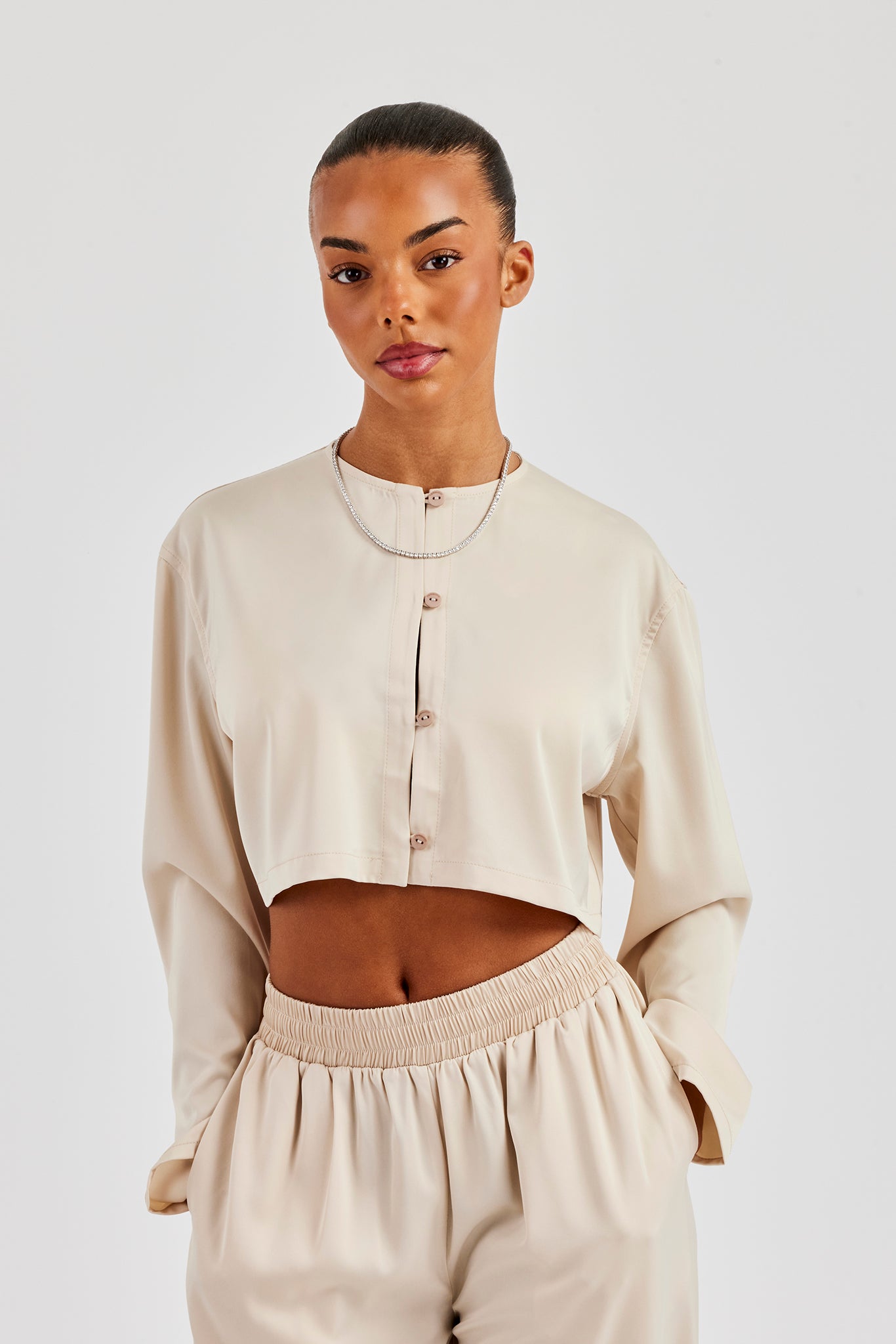 Cropped Satin Button Up Top - Beige
