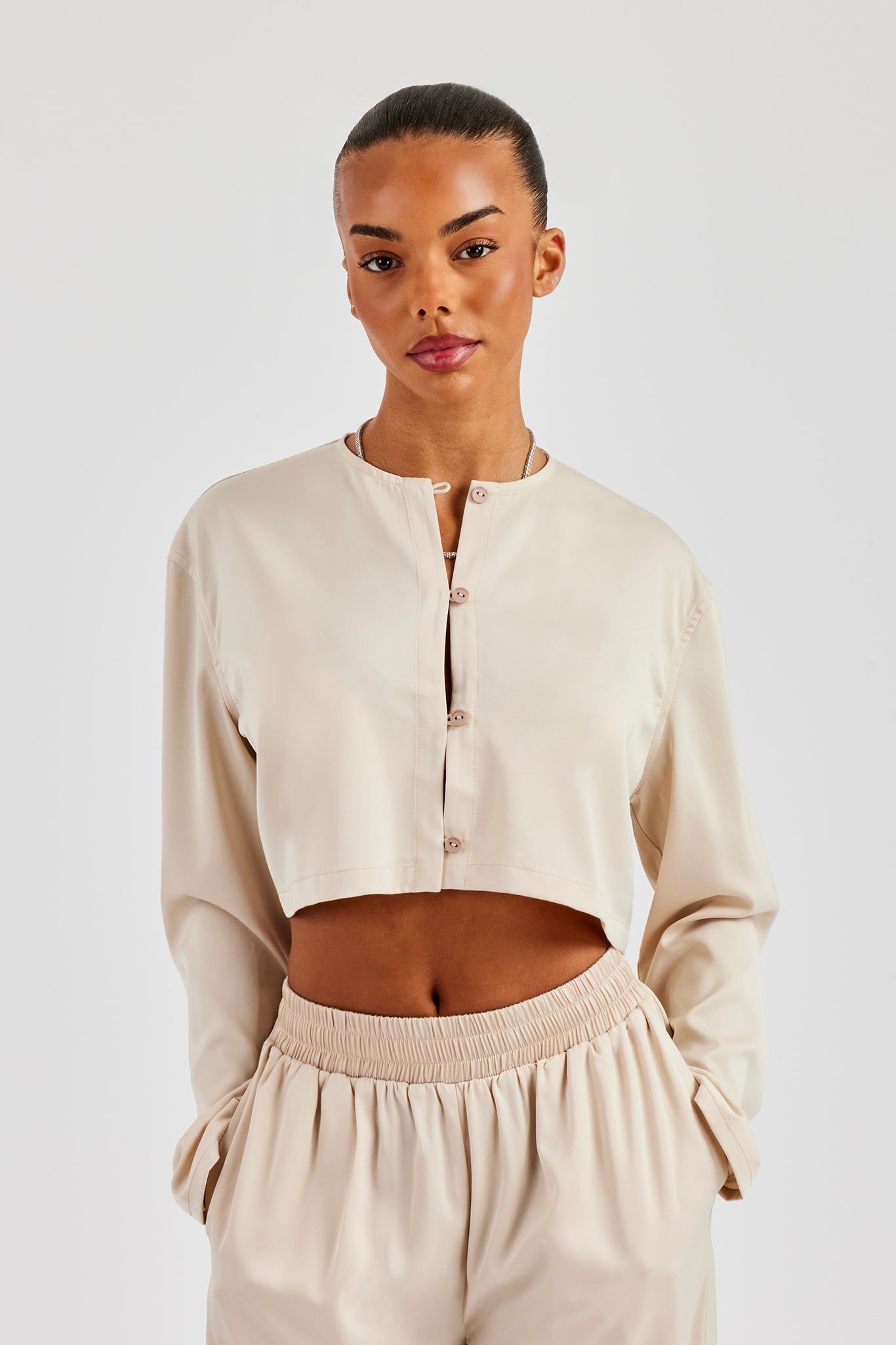 Cropped Satin Button Up Top & Wide Leg Trouser - Beige