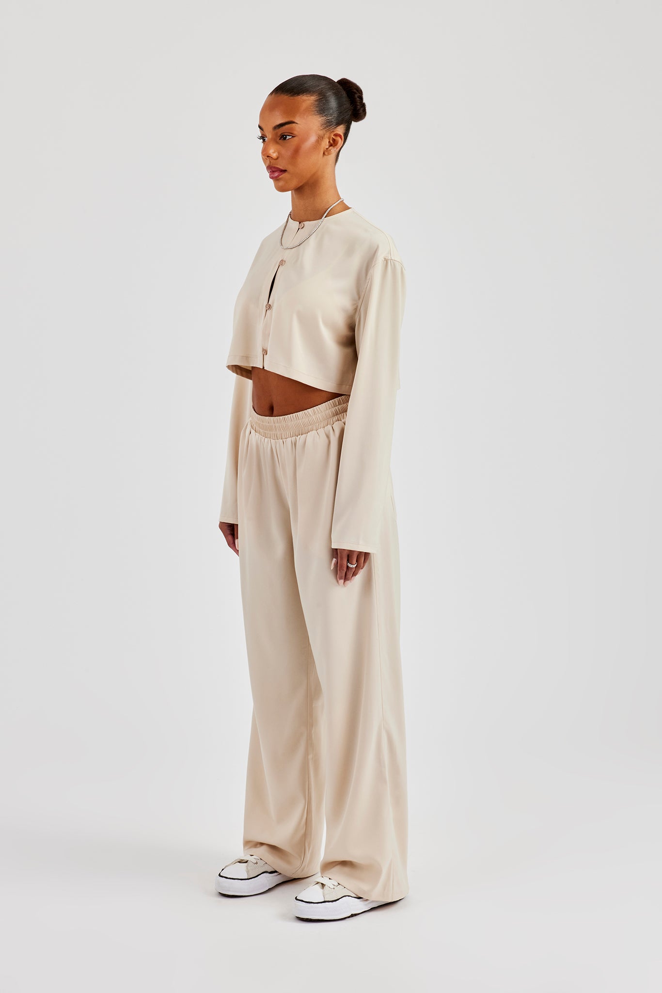 Cropped Satin Button Up Top & Wide Leg Trouser - Beige