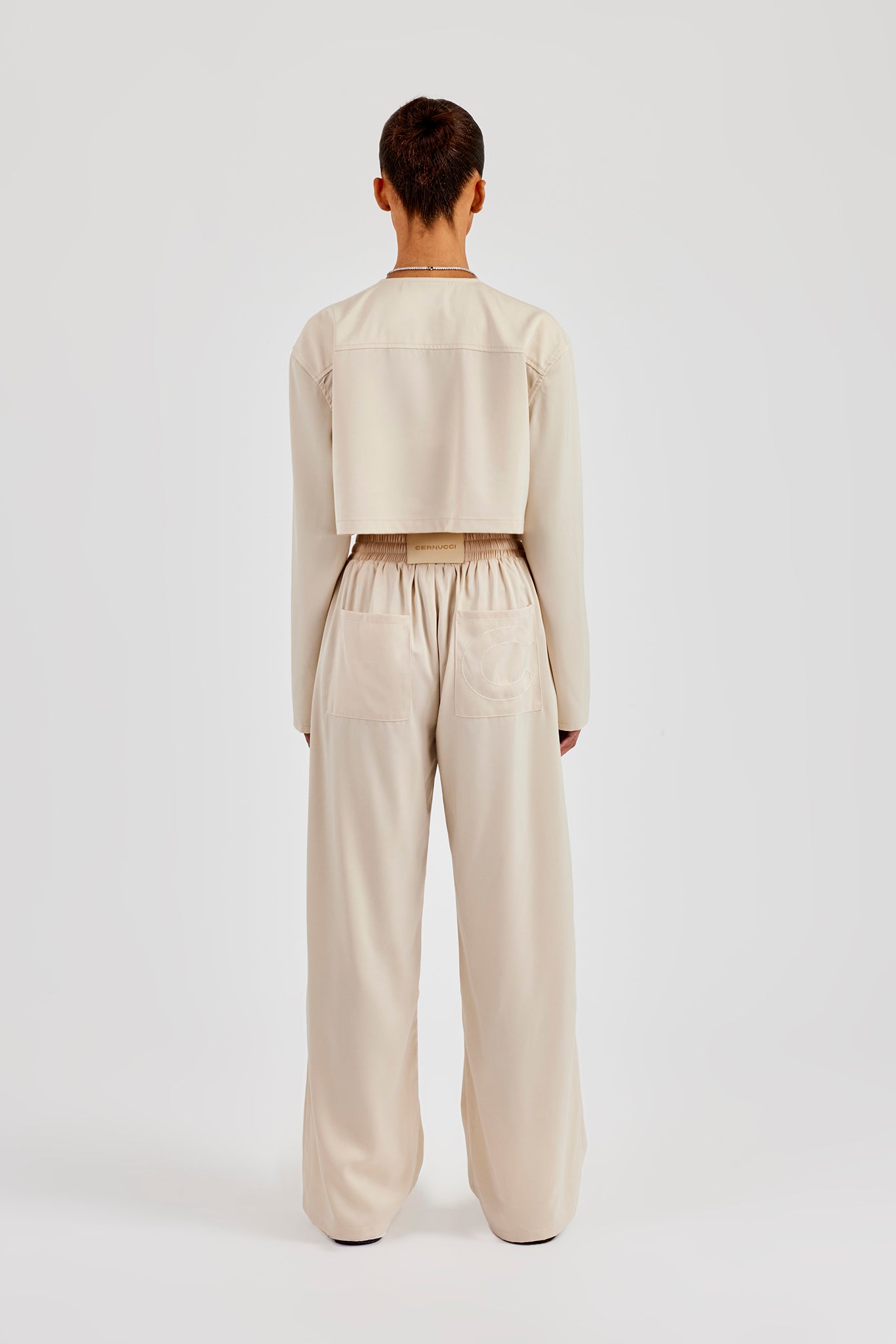 Cropped Satin Button Up Top & Wide Leg Trouser - Beige