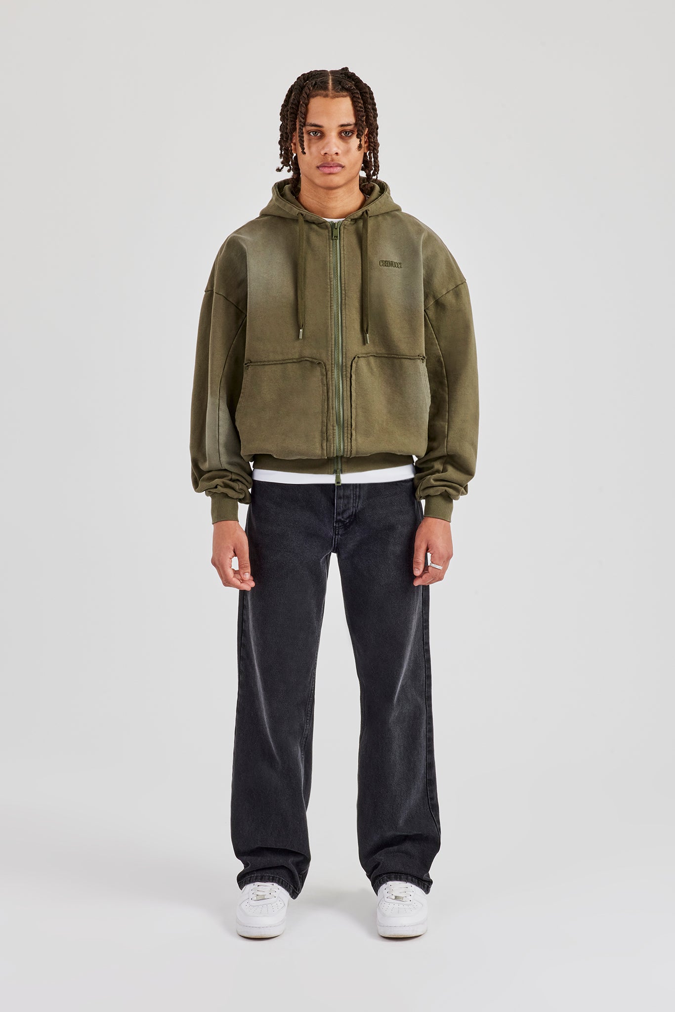 Distressed Zip Through Hoodie - Washed Green | Mens Hoodies