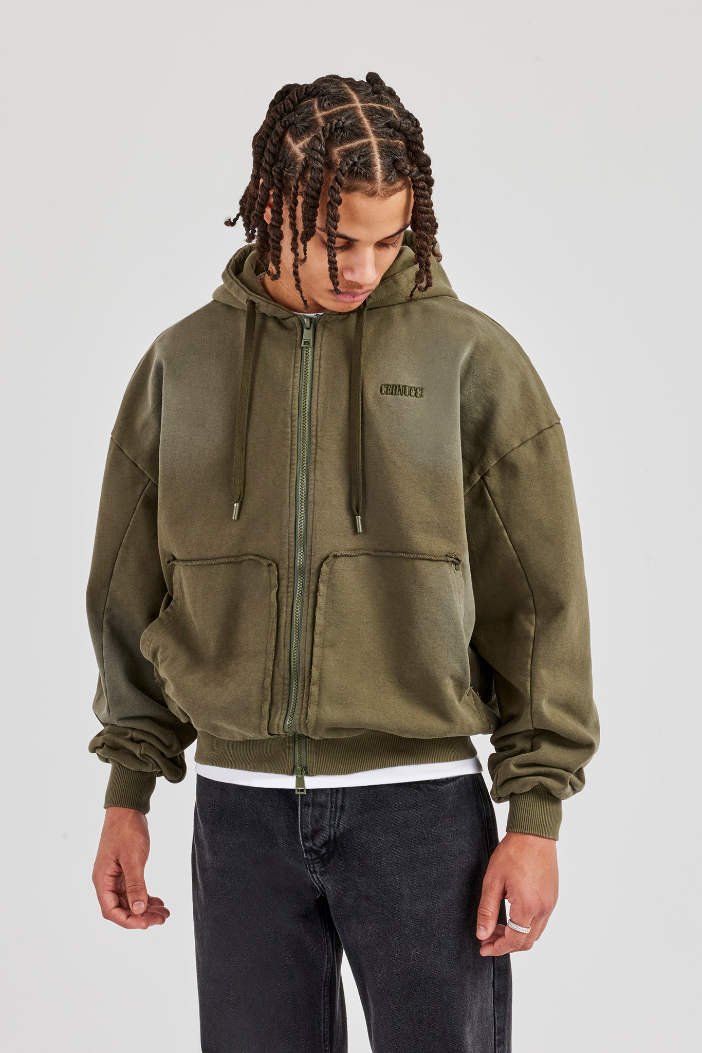 Distressed Zip Through Hoodie - Washed Green