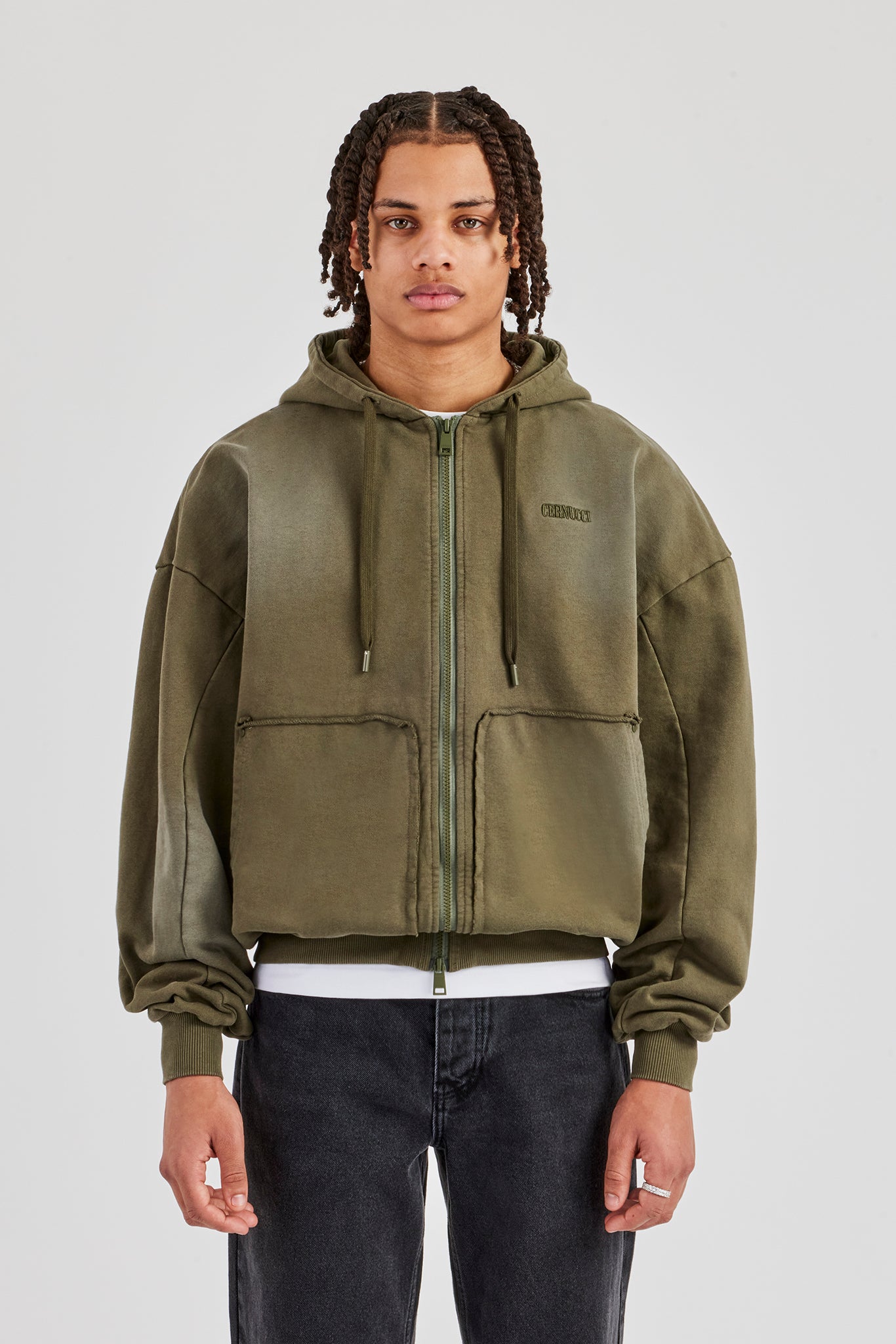 Distressed Zip Through Hoodie - Washed Green | Mens Hoodies
