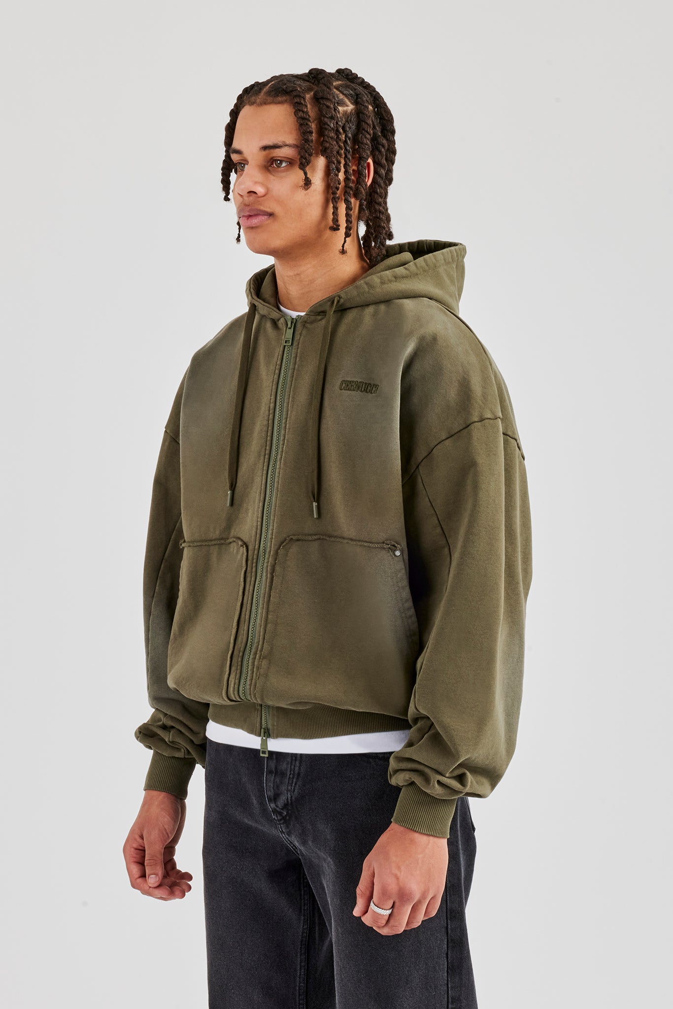 Distressed Zip Through Hoodie - Washed Green | Mens Hoodies