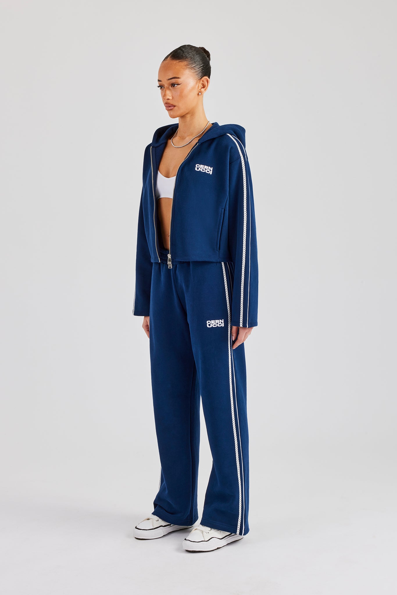 Boxy Lace Edge Zip Through Tracksuit - Navy Blue | Womens Sets