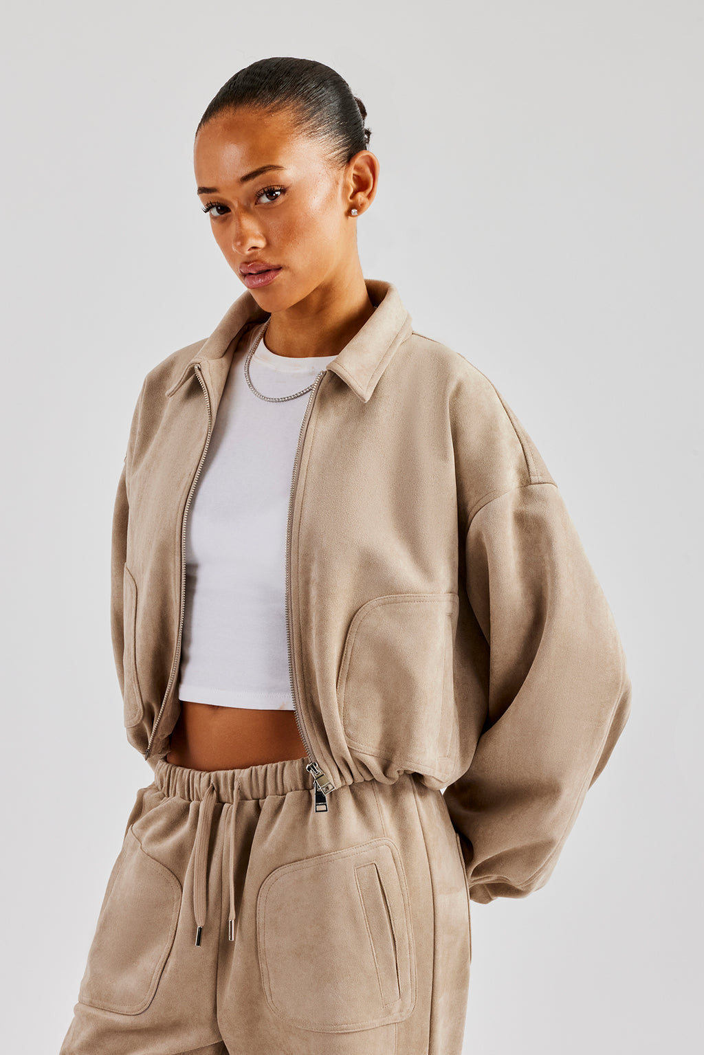 Beige Longline Jacket Trousers Three-Piece Set