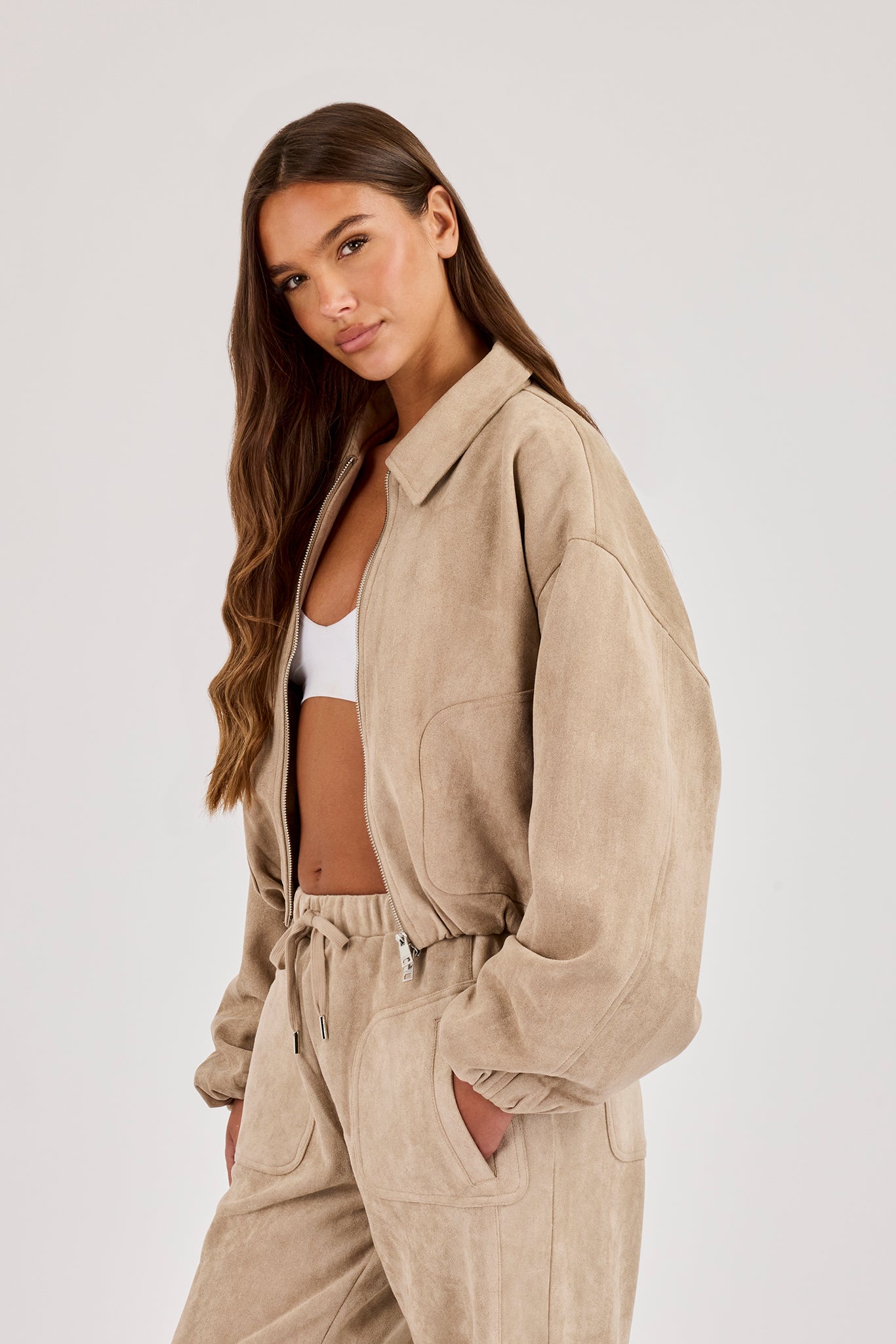 Suede Collared Bomber Jacket - Beige
