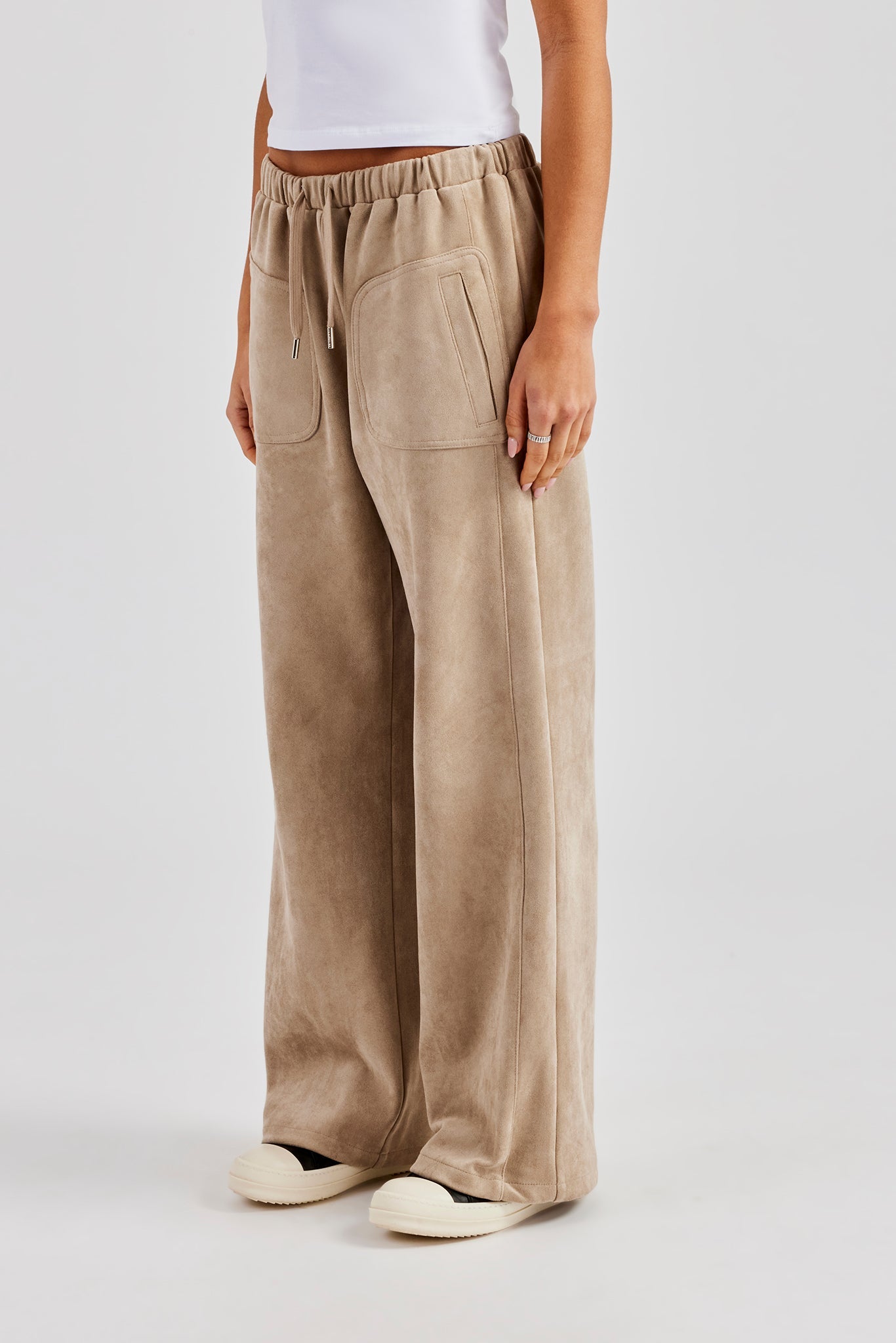 Suede Wide Leg Trouser- Beige | Womens Bottoms | Shop Trousers at