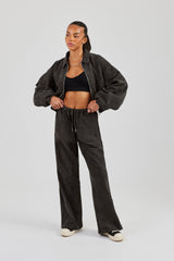 Suede Collared Bomber Jacket & Wide Leg Trouser - Charcoal