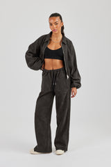 Suede Collared Bomber Jacket & Wide Leg Trouser - Charcoal