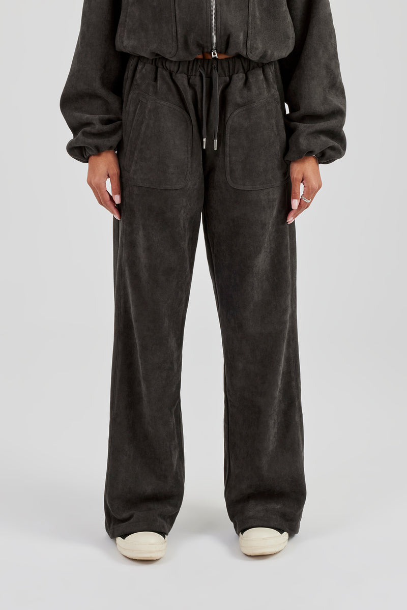 Suede Wide Leg Trouser - Charcoal