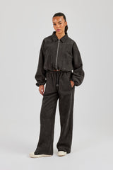 Suede Collared Bomber Jacket & Wide Leg Trouser - Charcoal