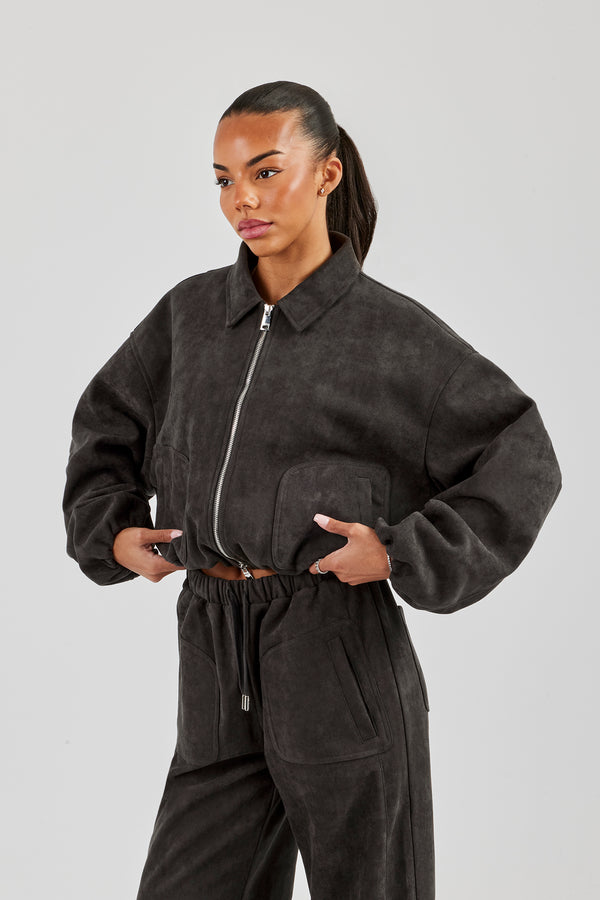 Suede Collared Bomber Jacket - Charcoal