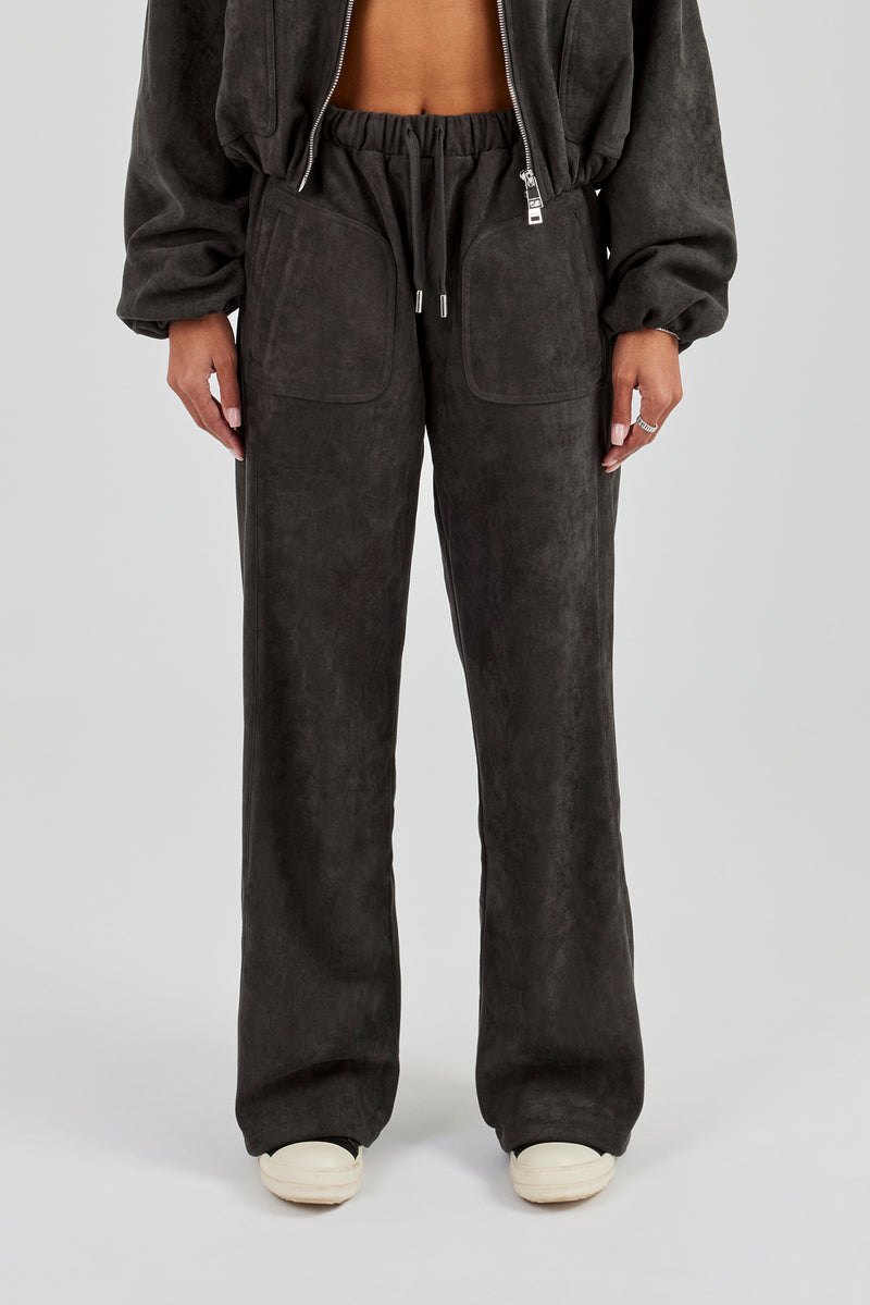 Suede Wide Leg Trouser - Charcoal