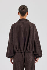 Suede Collared Bomber Jacket - Chocolate
