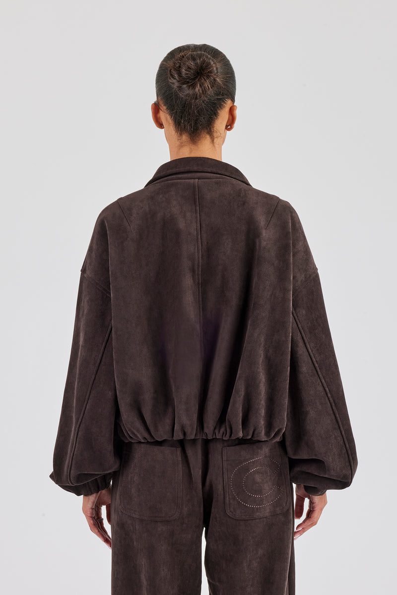 Suede Collared Bomber Jacket - Chocolate