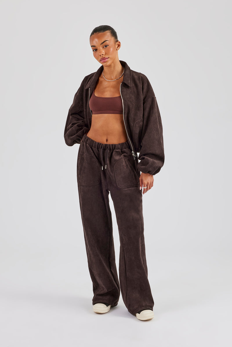 Suede Collared Bomber Jacket - Chocolate