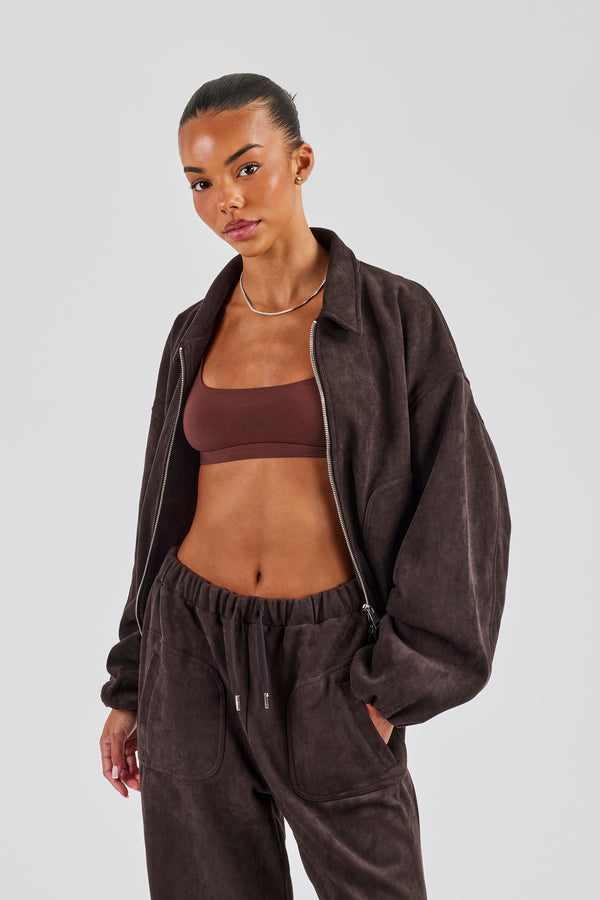 Suede Collared Bomber Jacket - Chocolate