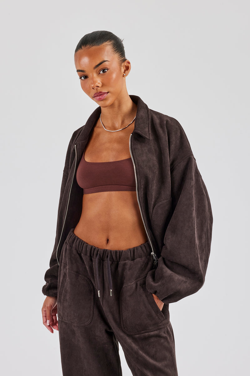 Suede Collared Bomber Jacket - Chocolate