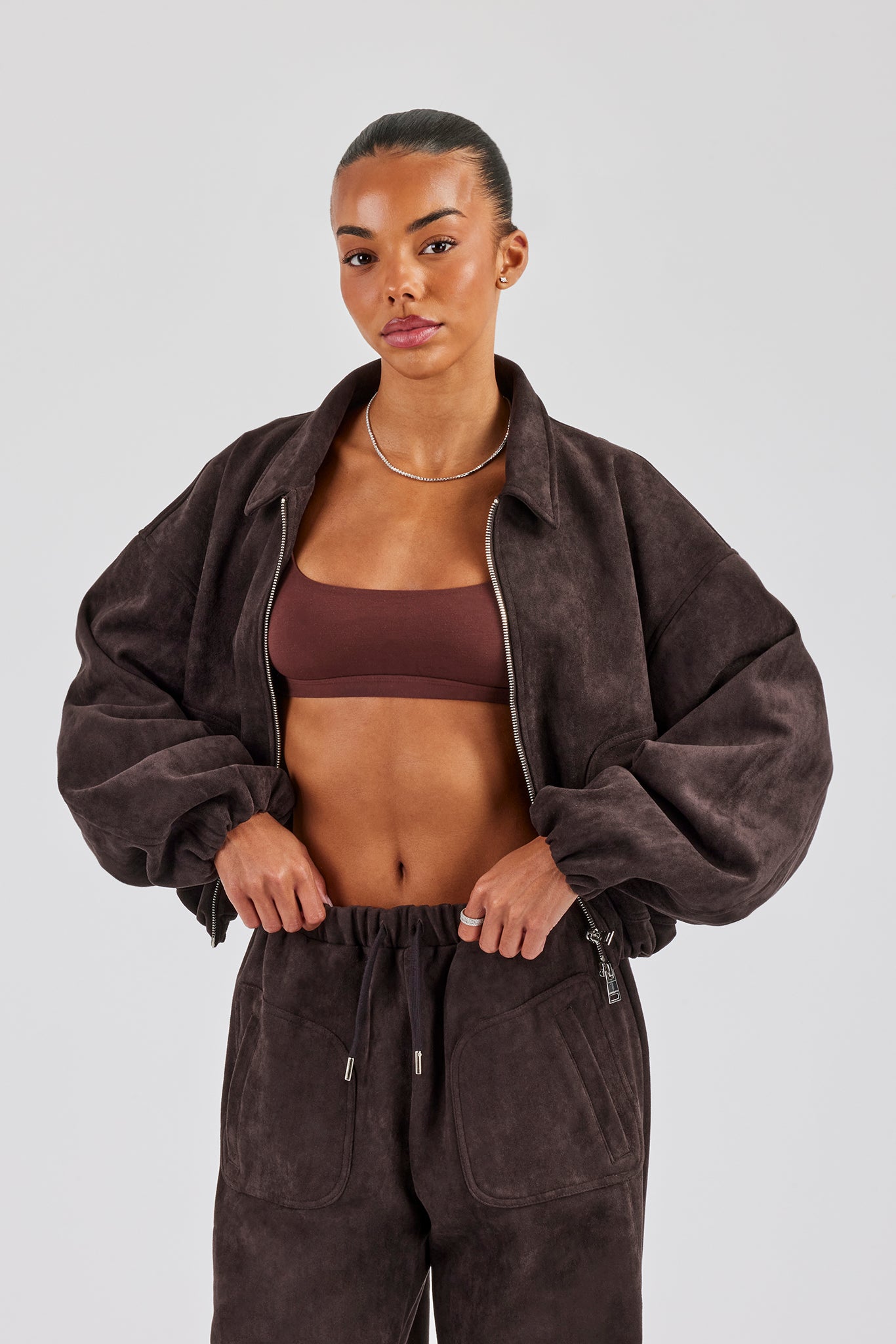 Suede Collared Bomber Jacket - Chocolate