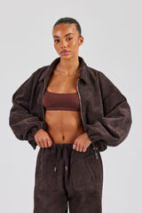 Suede Collared Bomber Jacket - Chocolate