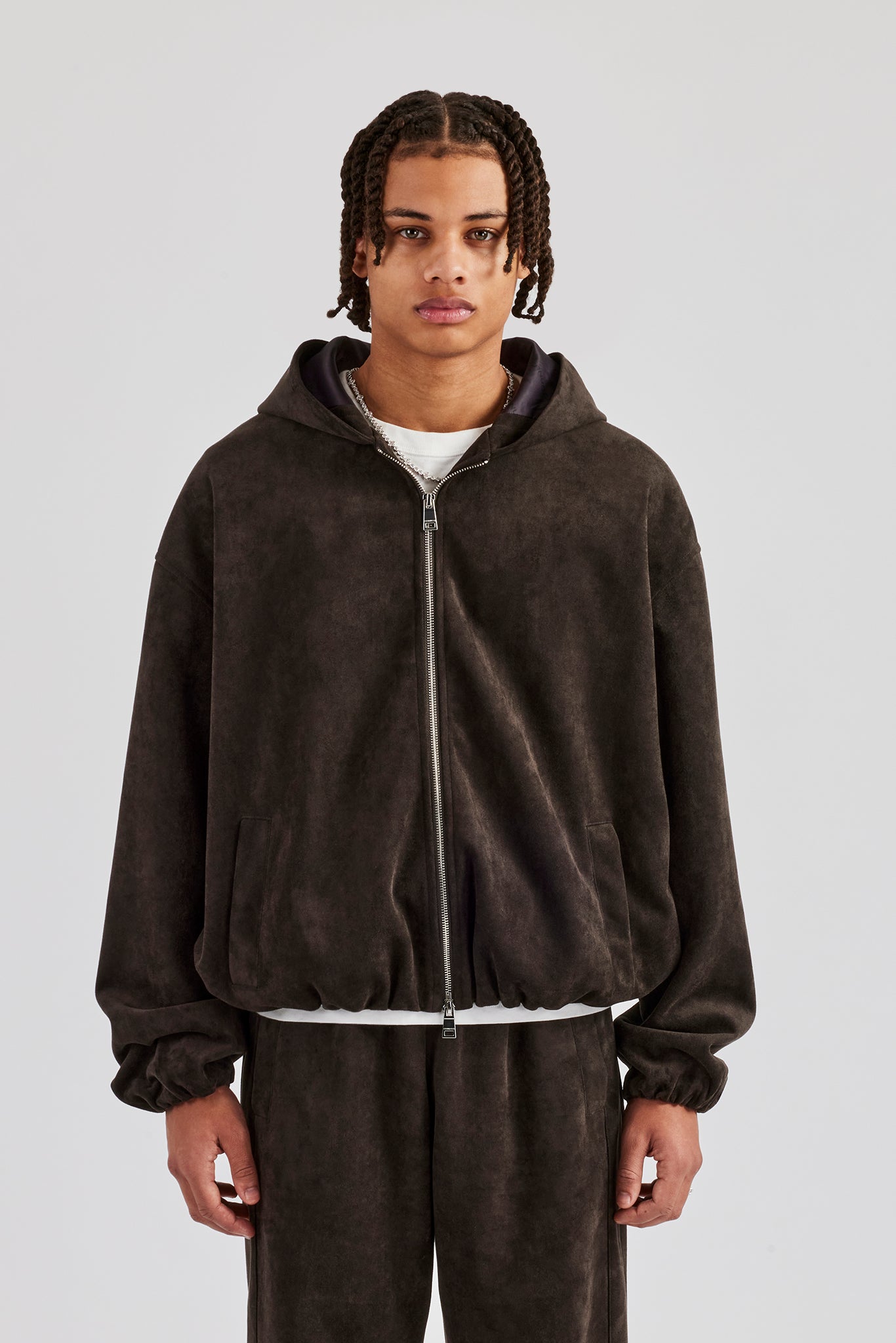 Suede Zip Through Hooded Jacket & Jogger - Charcoal | Mens Sets