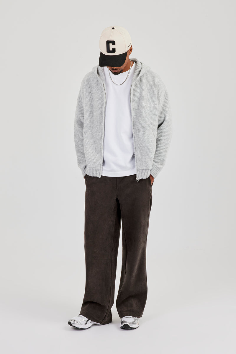 Bestickter Strick-Kapuzenpullover mit Reißverschluss - Hellgrau