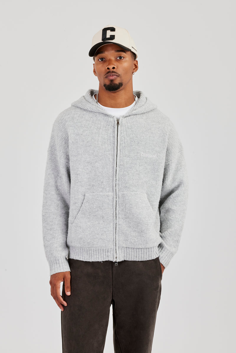 Bestickter Strick-Kapuzenpullover mit Reißverschluss - Hellgrau