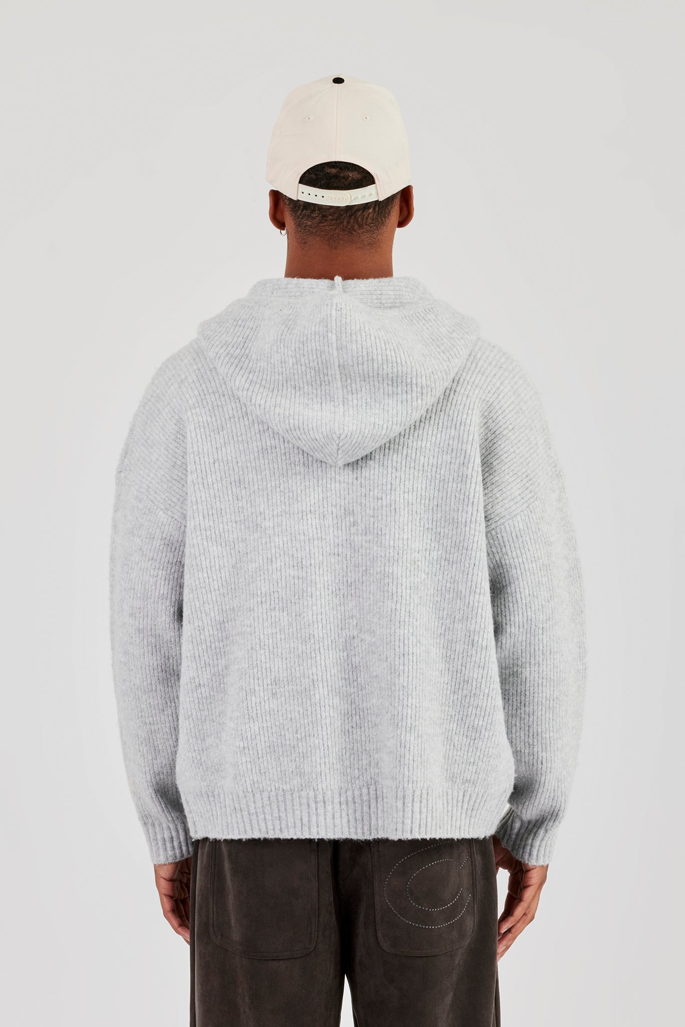 Bestickter Strick-Kapuzenpullover mit Reißverschluss - Hellgrau