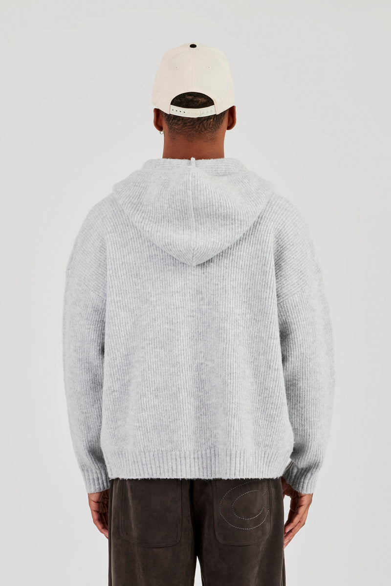 Bestickter Strick-Kapuzenpullover mit Reißverschluss - Hellgrau