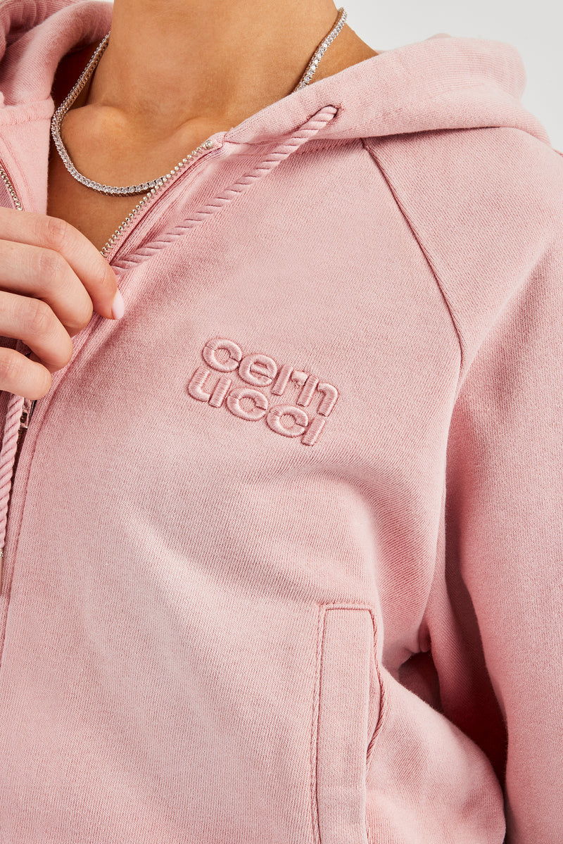 Washed Raglan Zip Through Hoodie - Pink