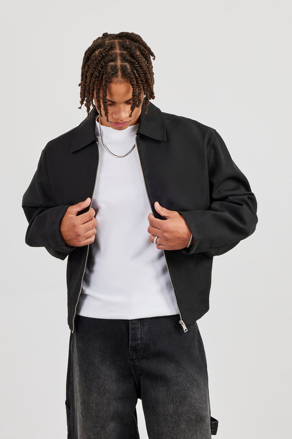 Boxy Twill Harrington-Jacke - Schwarz