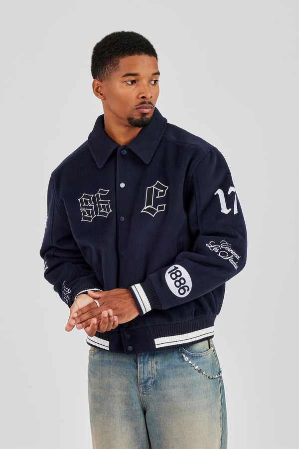 Harrington-Bomberjacke mit Varsity-Abzeichen – Marineblau 