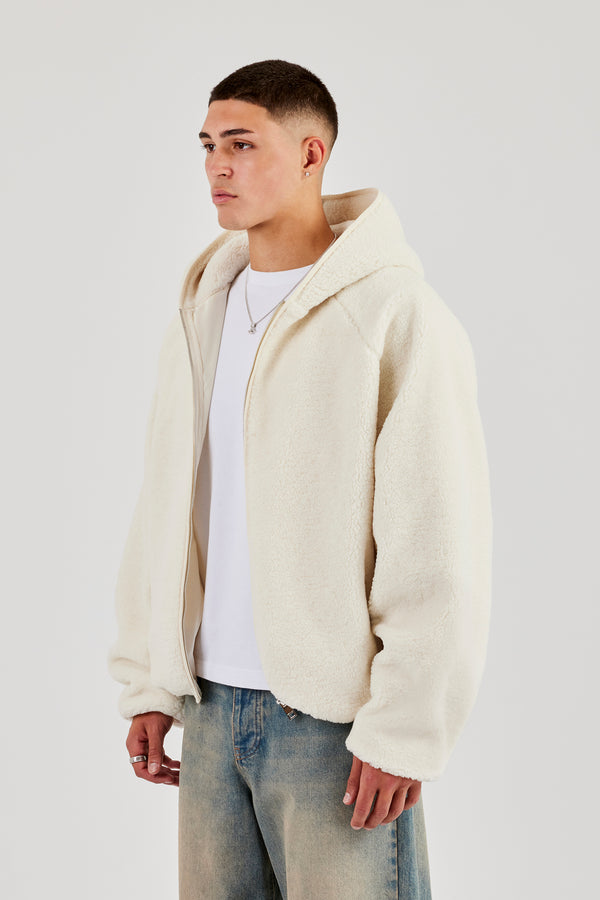 Oversize-Kapuzenpullover mit Reißverschluss aus Borg-Baumwolle – Off White