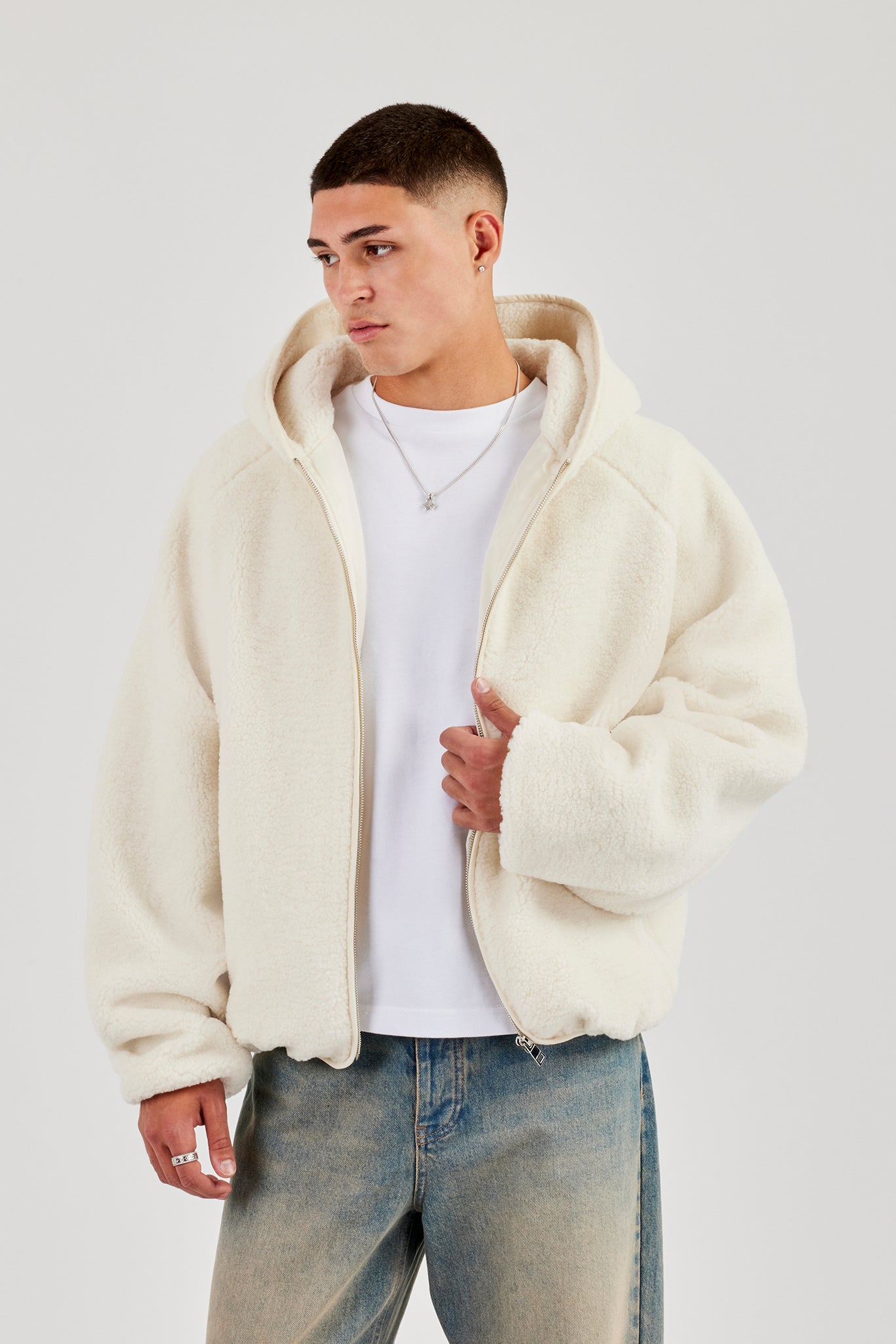 Oversize-Kapuzenpullover mit Reißverschluss aus Borg-Baumwolle – Off White