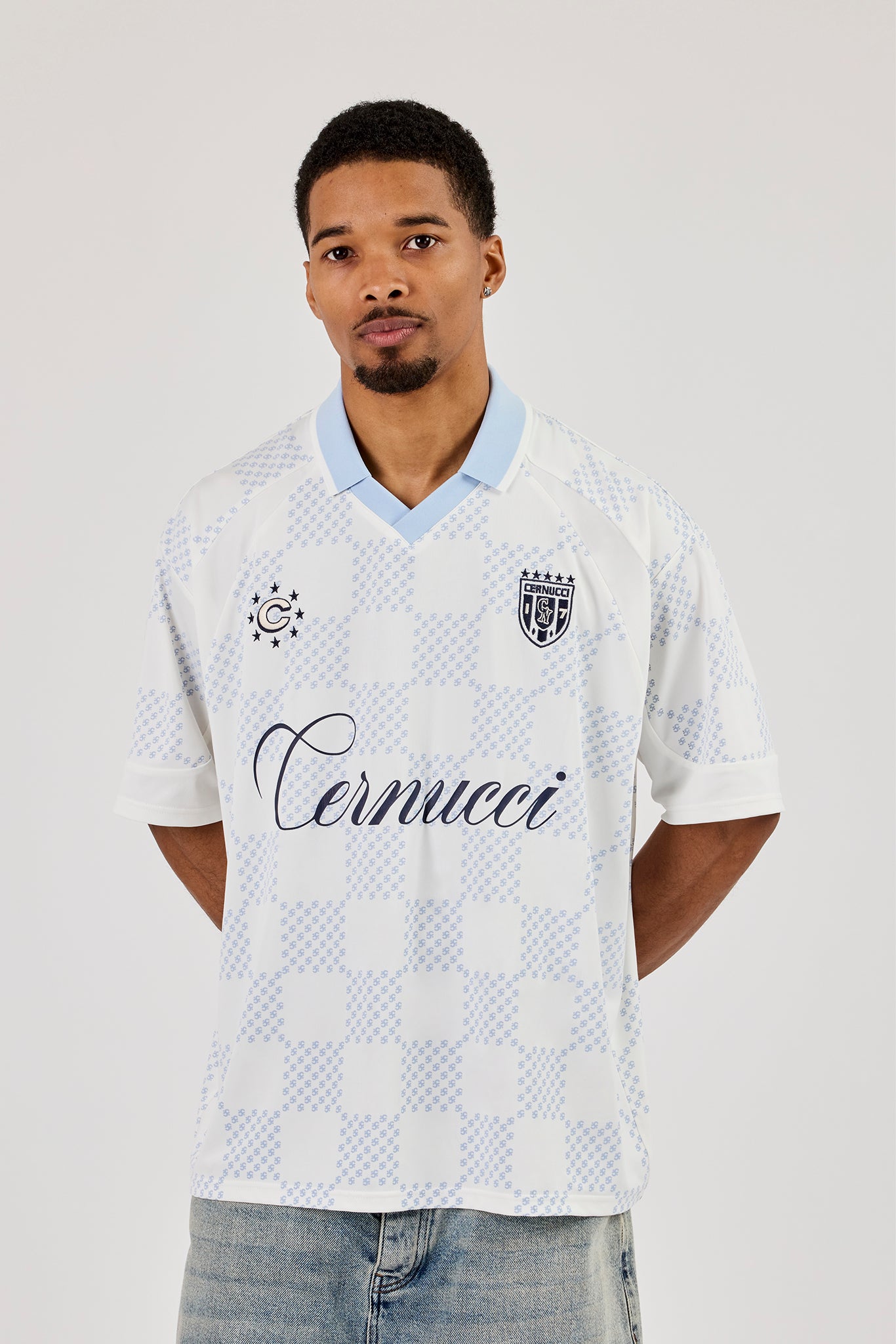Check Printed Football Top - Light Blue