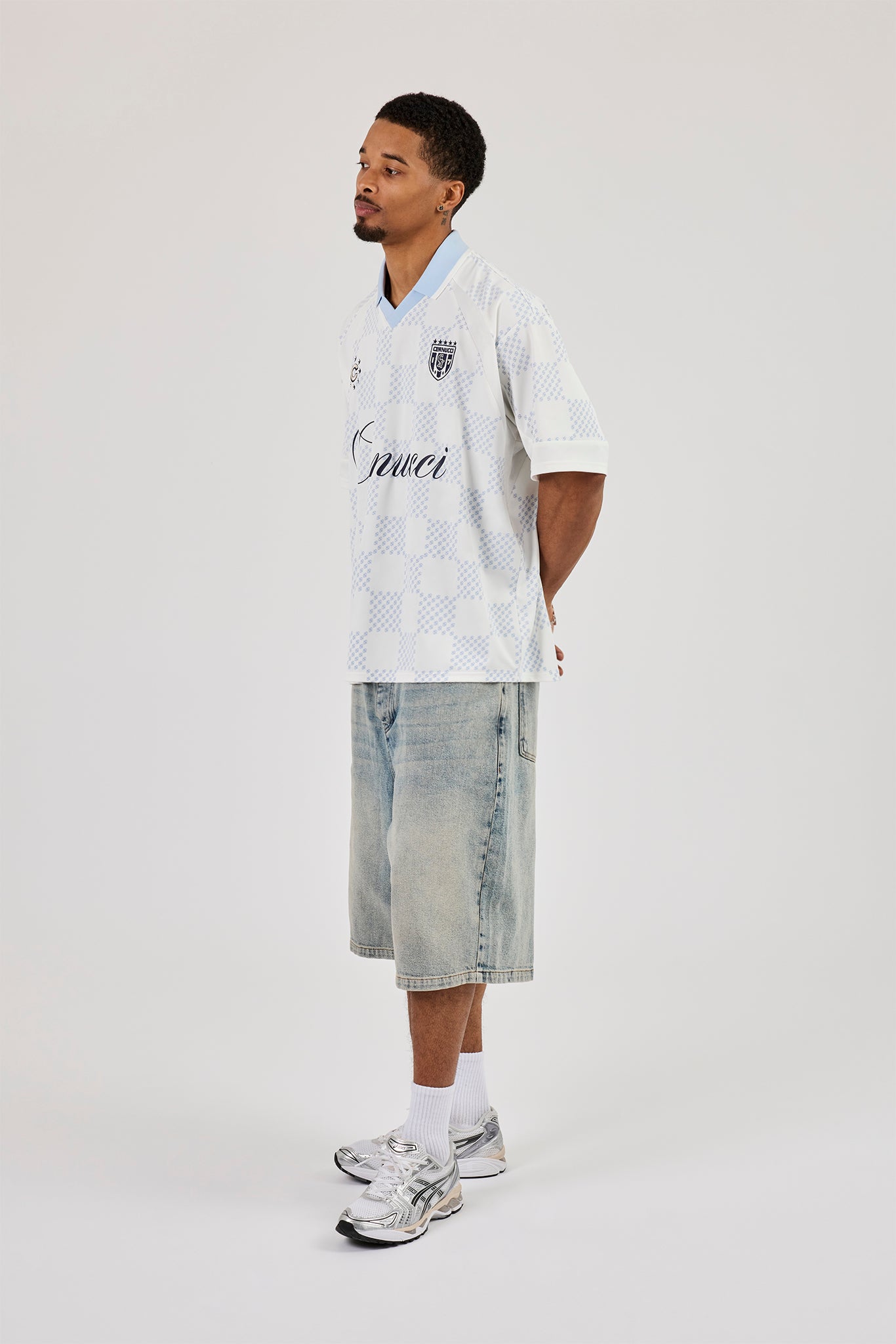 Check Printed Football Top - Light Blue