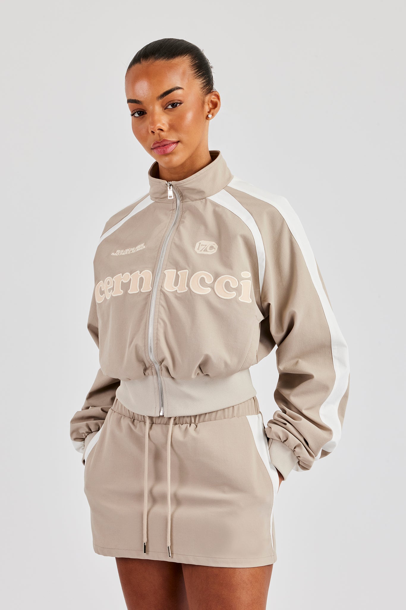Cropped Panelled Nylon Track Jacket - Stone | Womens Outerwear