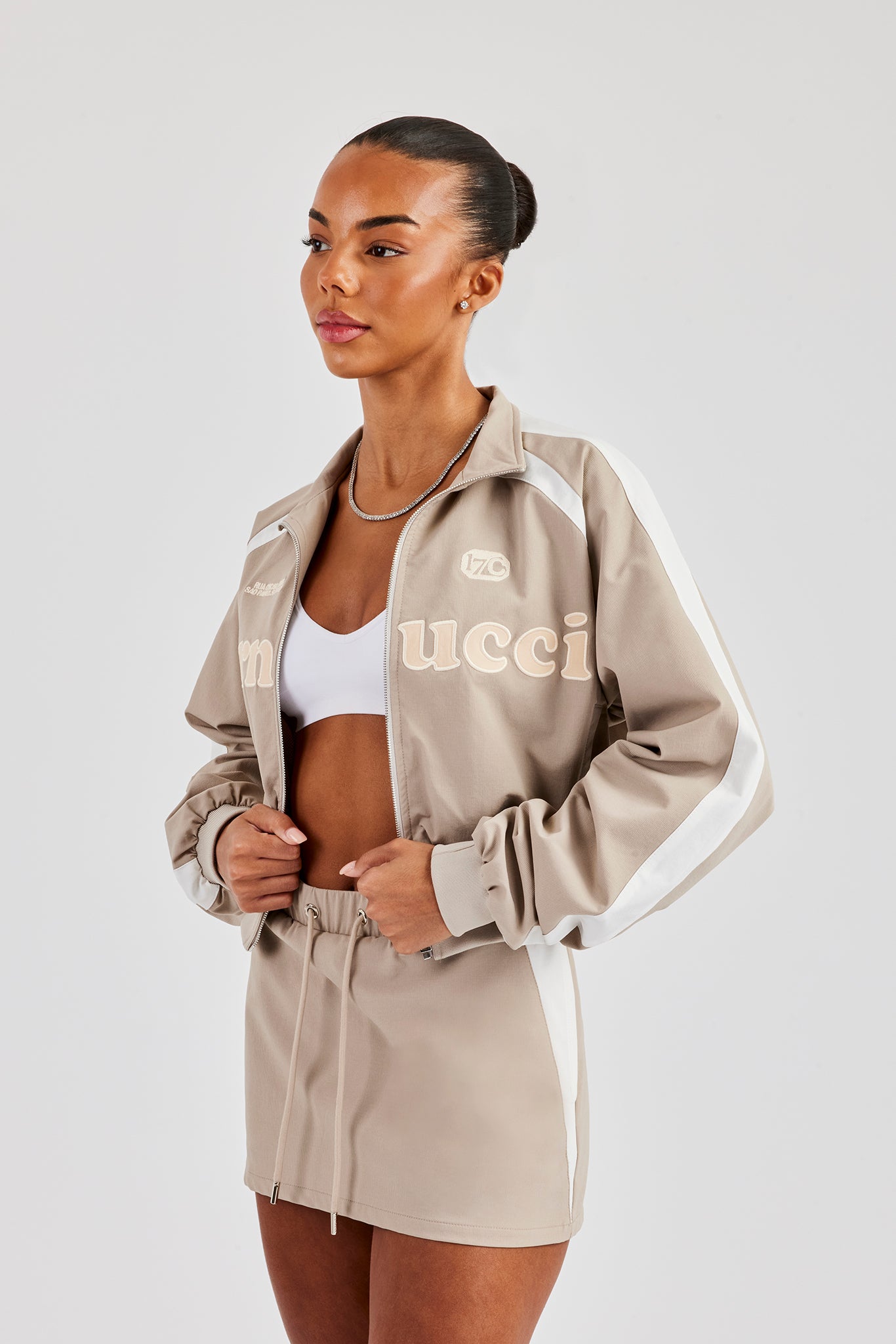 Cropped Panelled Nylon Track Jacket - Stone | Womens Outerwear
