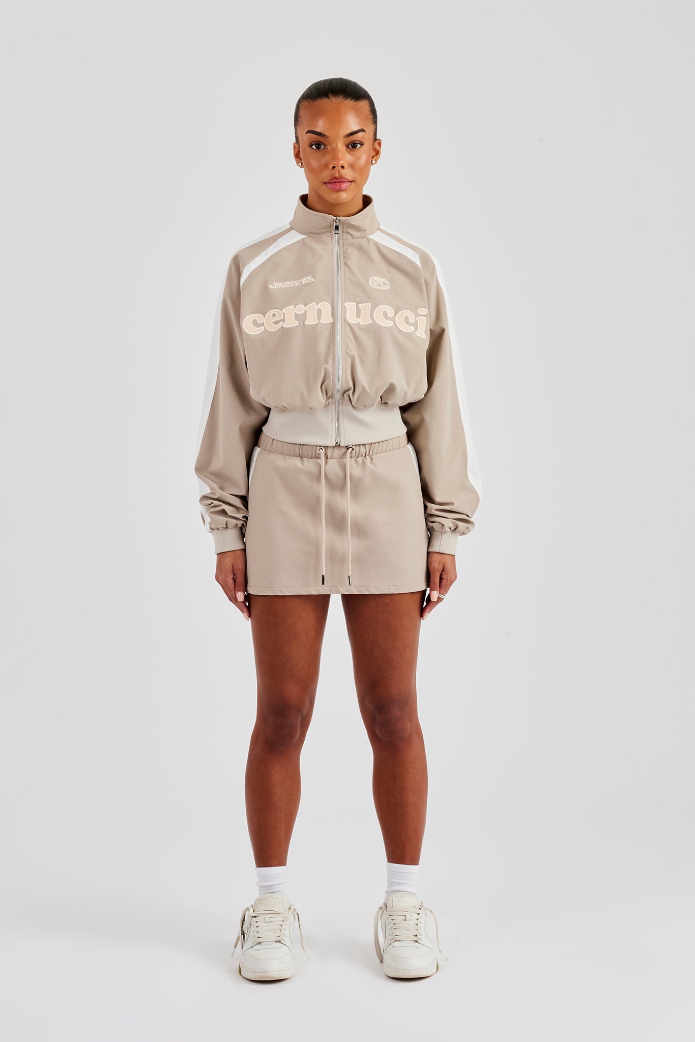 Cropped Panelled Nylon Track Jacket & Mini Skirt - Stone | Womens