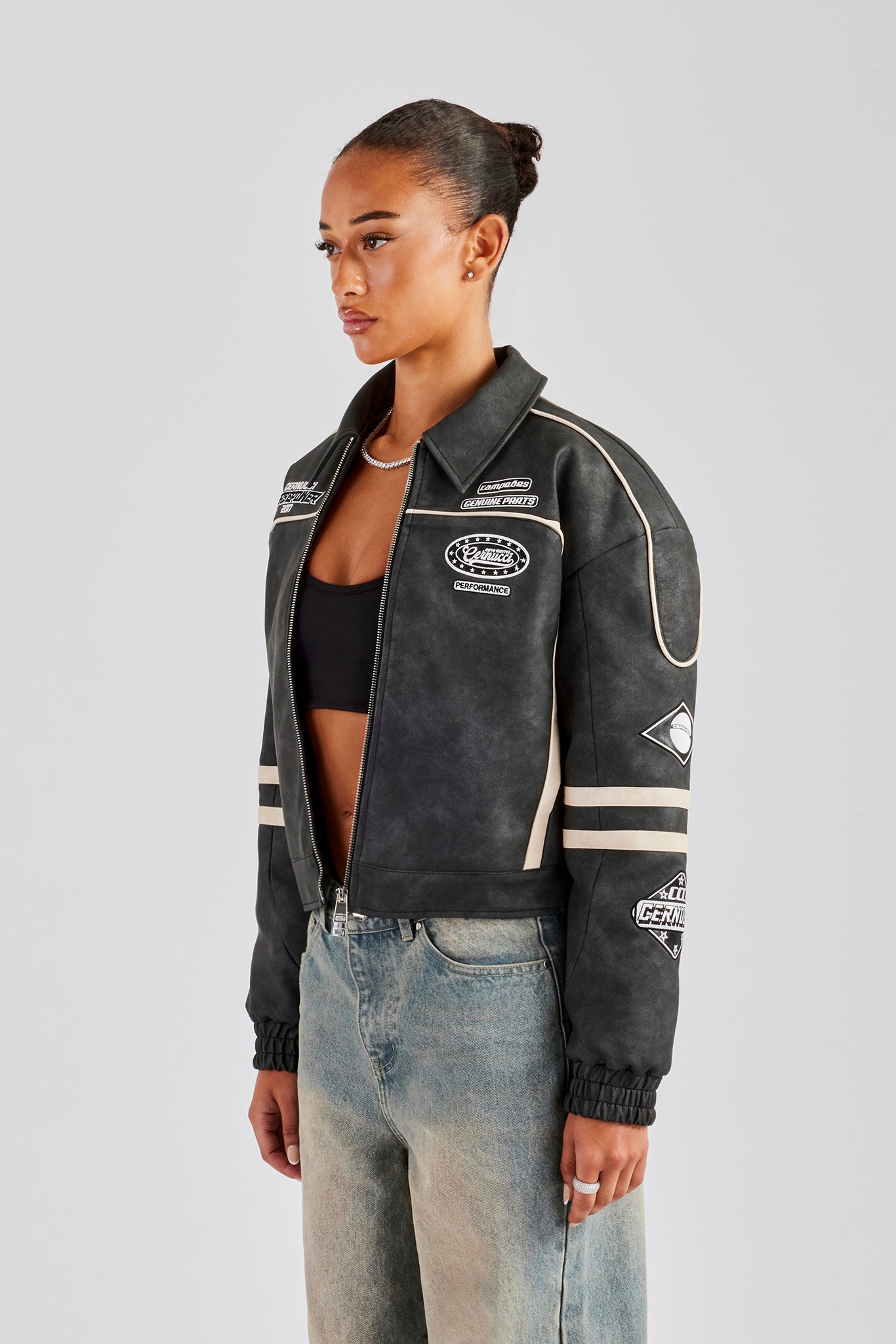 PU Moto Badge Harrington Jacket - Charcoal | Womens Outerwear