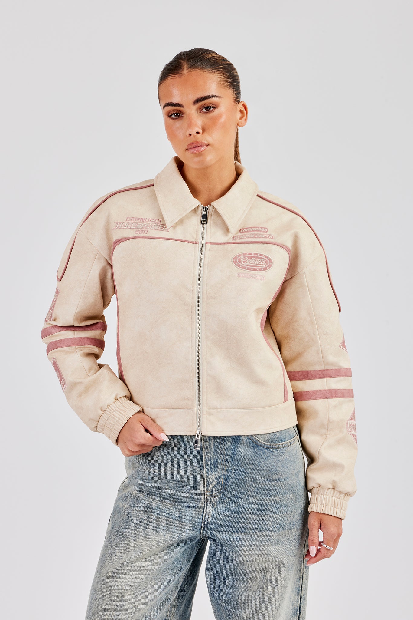 PU Moto Badge Harrington Jacket - Off White | Womens Outerwear