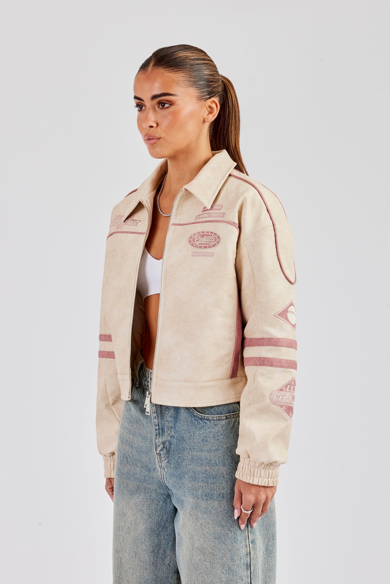 PU Moto Badge Harrington Jacket - Off White | Womens Outerwear