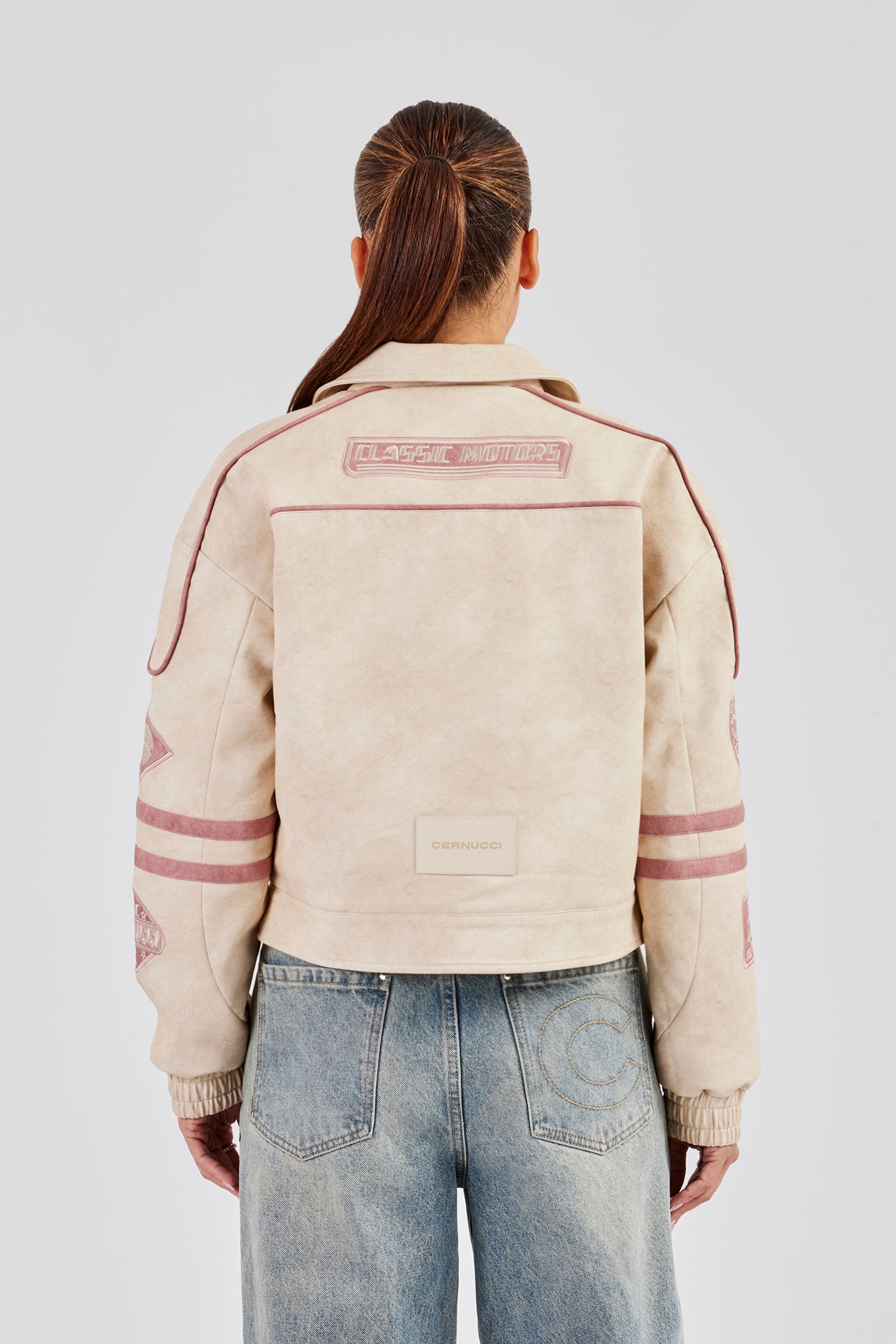 PU Moto Badge Harrington Jacket - Off White