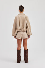 Suede Collared Bomber Jacket & Micro Short - Beige
